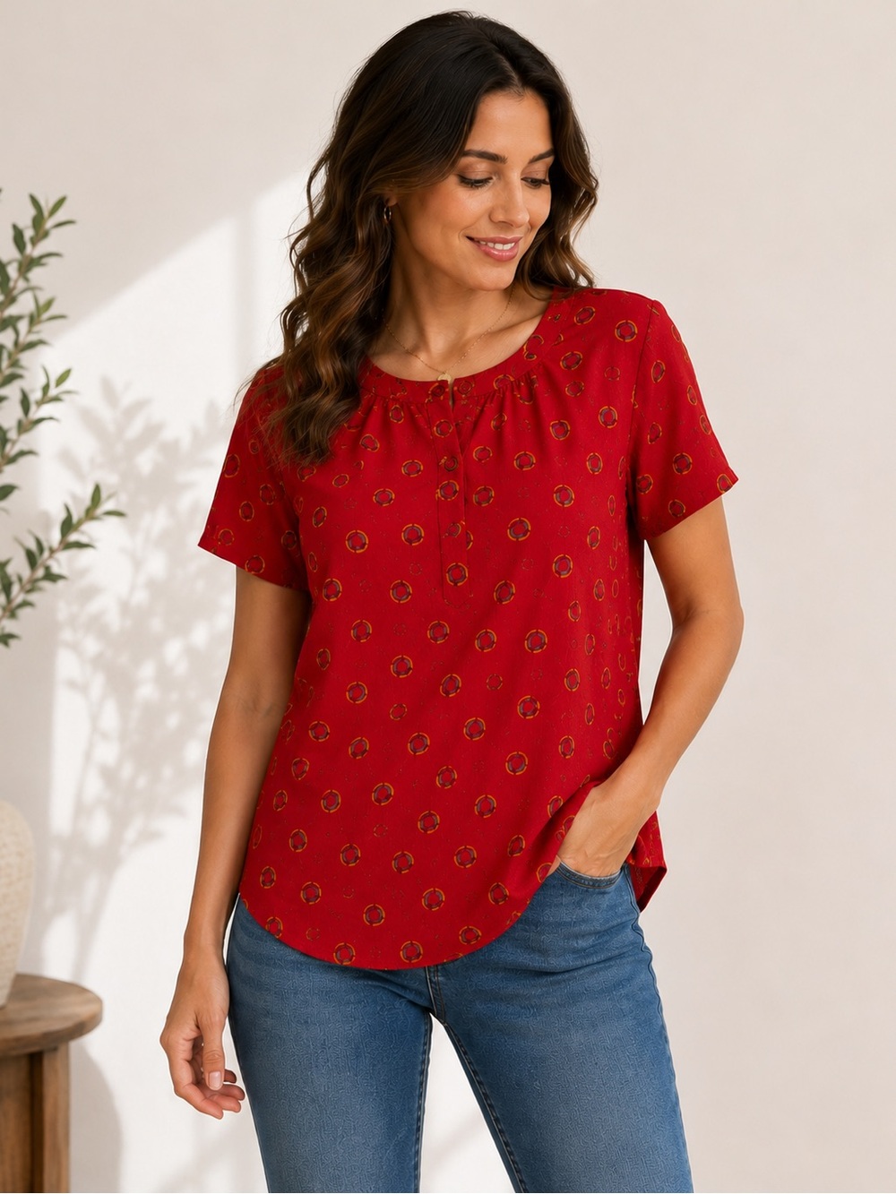 Vintage Carole Little Women’s Red Printed Rayon Blouse Size 10 Boho